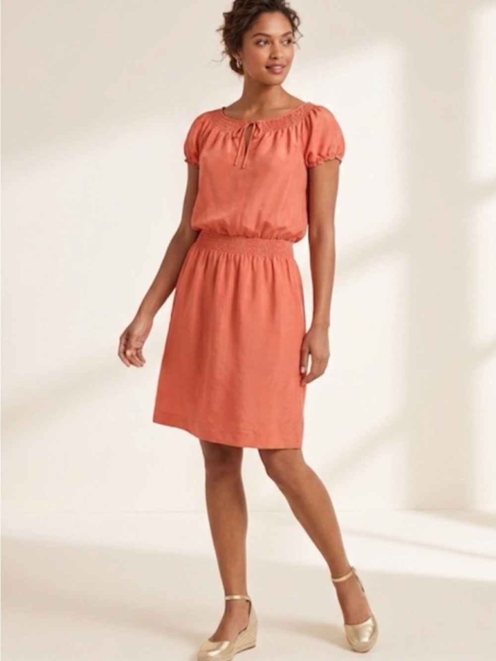 NWT Talbots 100% Silk Coral Peach Smoked Neckline Dress - Size Small